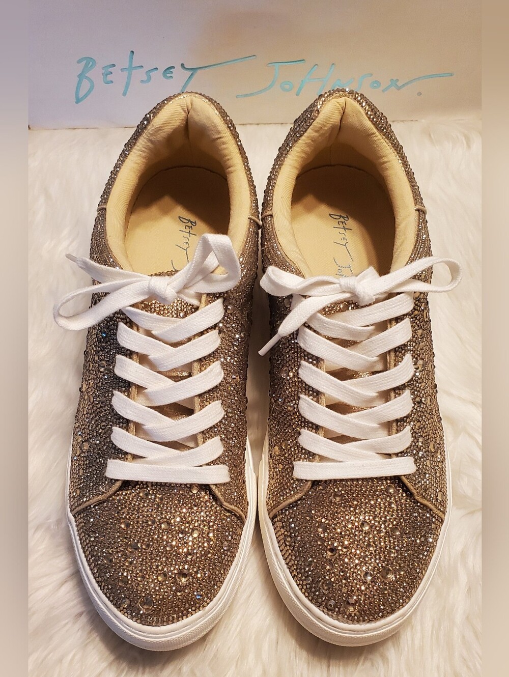 Betsey Johnson Suton Rhinestone Platform Sneakers Gold Bling Sparkle Size 10